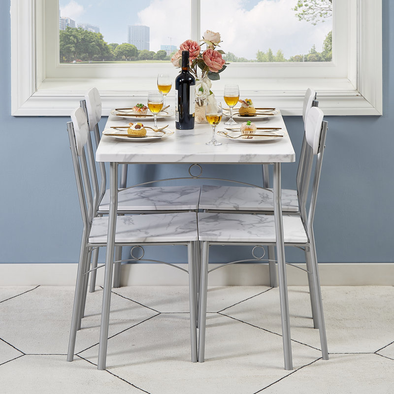 Whipton 4 - Person Dining Set, 5-Piece Rustic White Dining Table Set for 4, Industrial Kitchen Table and Chairs Set with Metal Frame, Space-Saving Dining Room Furniture (Set of 5)
