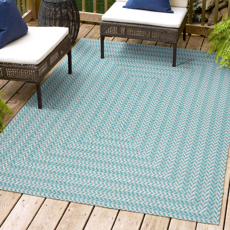 Chevron Modern Concentric Squares Aqua/Light Gray Indoor/Outdoor Rug