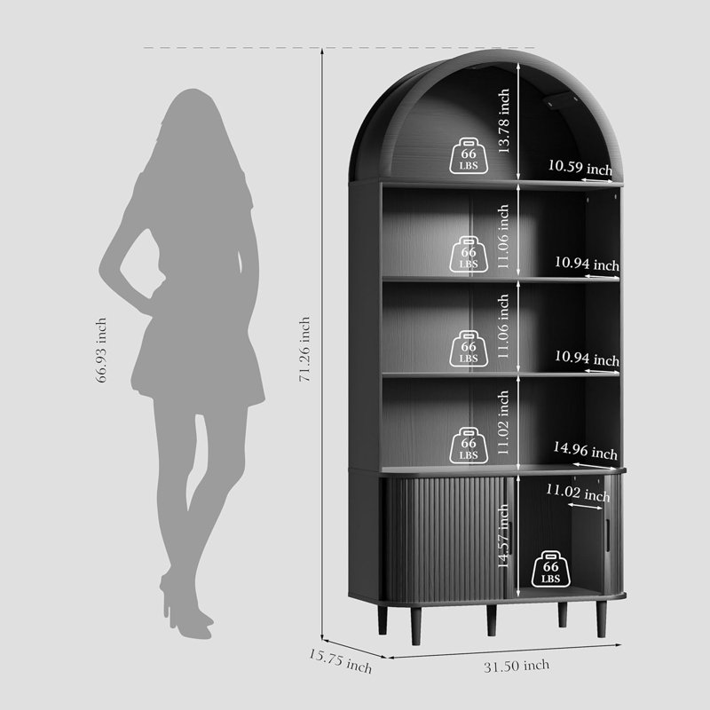 71" Arched Bookshelf, 5-Tier Arch Bookcase with Storage, Modern Farmhouse Book Shelf with Adjustable Shelves ＆Sliding Tambour Doors