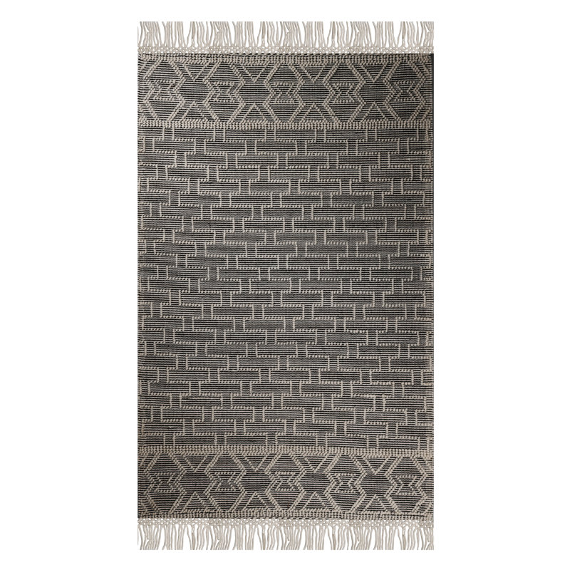 Tapis bohémien en laine naturel fabriqué à la main, Rectangle de 5 pi x 8 pi