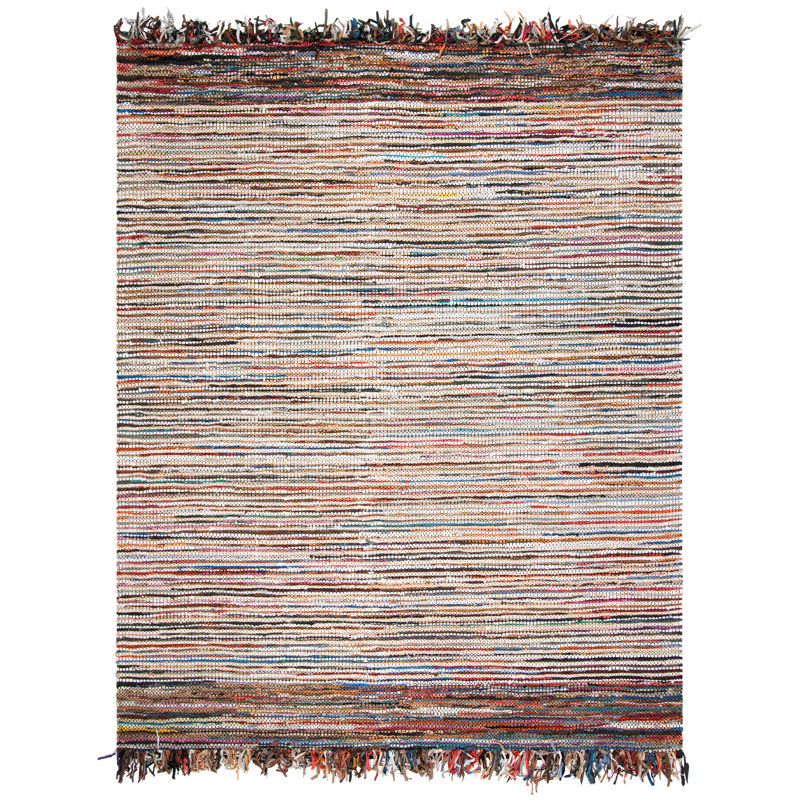 Exley Vintage Leather Hand Woven Leather Cotton/Jute Striped Rug in Brown, Rectangle 8' x 10'