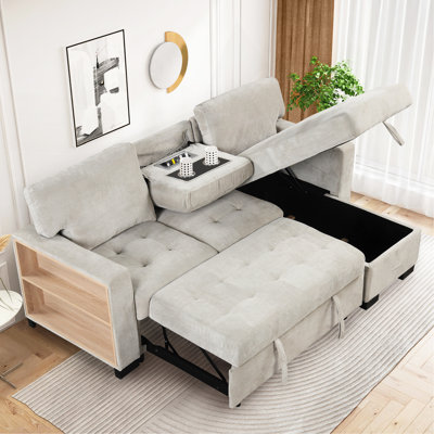 Stylish And Functional Light Chaise Lounge Sectional With Storage Rack Pull-Out Bed Drop Down Table  And USB Charger Light Gray