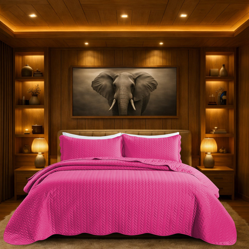 Microfiber Embossed Oversized Bedspread Set With Shams – Modern & Contemporary, Machine Washable, Dust-Resistant, Pink