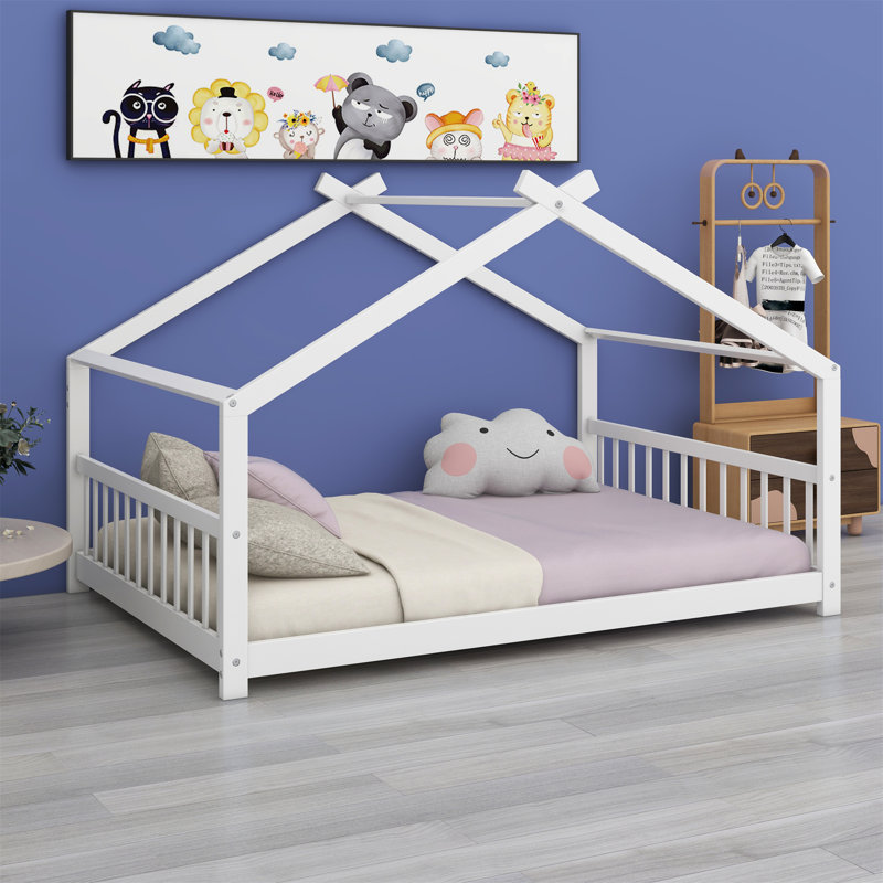 Solid Wood Low House Bed, Full / Double, White