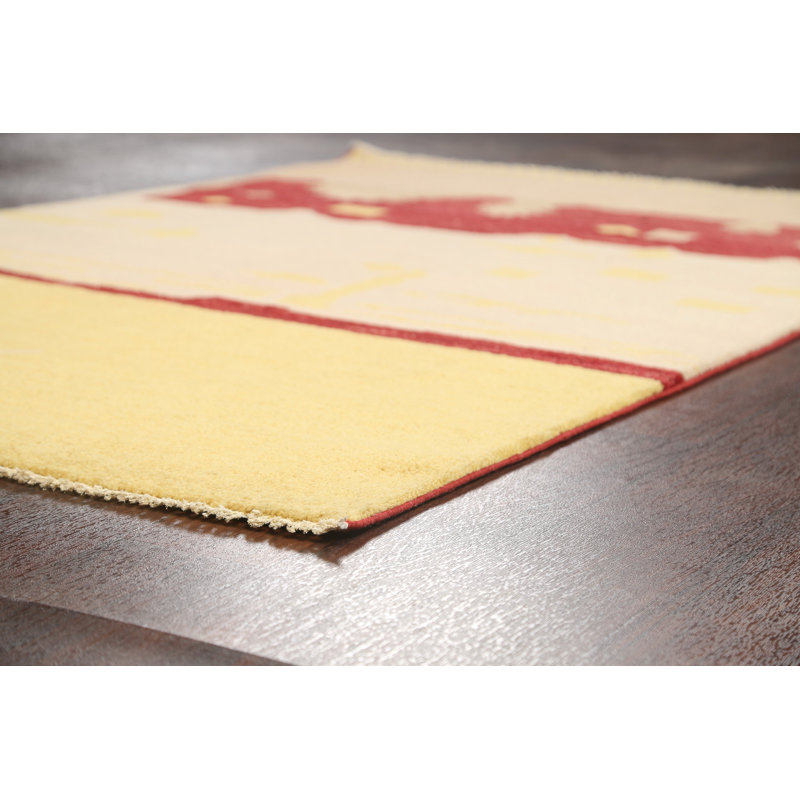 Tapis jaune / rouge en laine noué à la main de conception unique 4 pi 1 po x 6 pi 5 po New Age