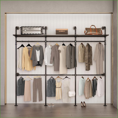 Clothing Rack, Industrial 118.3'' Reversible Garment Rack with LED Lights &amp; Shelves, Heavy Duty Wall-Mounted Closet System | Black | Metal &amp; Particleboard