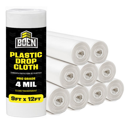 Boen Clear Plastic Drop Cloth, 9 ft x 12 ft,  4 Mil Pro Grade Painters Plastic Sheeting Roll, Waterproof, Tear-Resistant Paint Tarp for Furniture, Floors, Windows, Dust Protection – Multipurpose