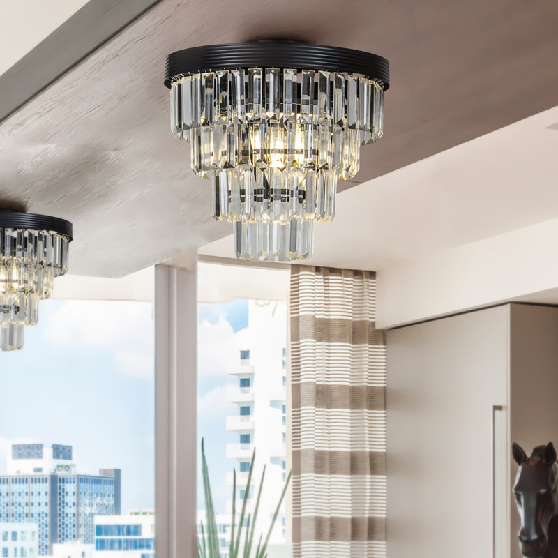 3-Light 13" Glam Tiered Flush Mount With Crystal Accents for Bedroom, Black