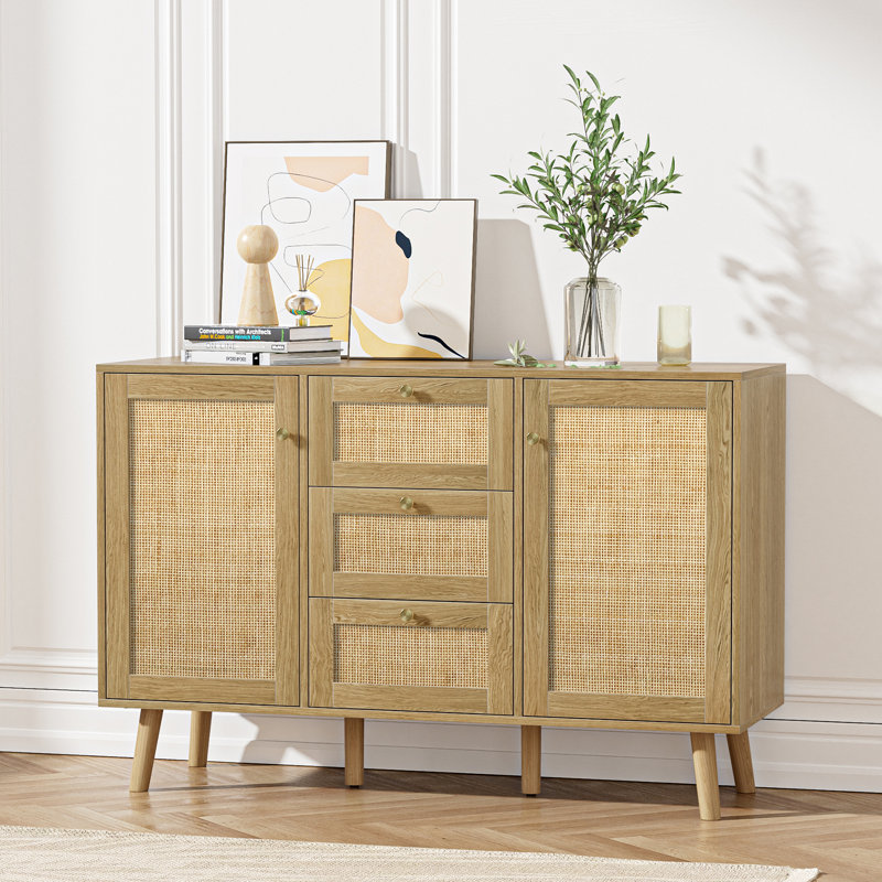 Buffet Mid-Century avec 3 tiroirs et 2 portes en rotin