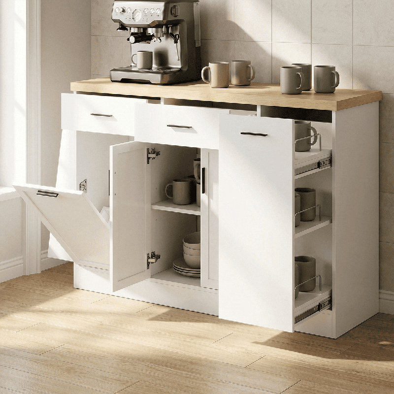 Armoire pour îlot de cuisine, buffet avec poubelle coulissante, portes coulissantes et range-épices à 3 niveaux, Blanc