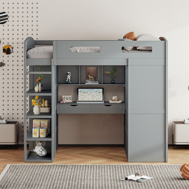 Loft Bed with Desk, Gray, Twin