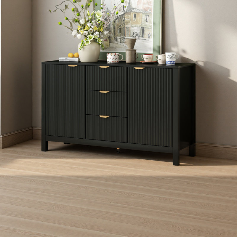 Buffet à motif ondulé - 3 tablettes réglables, Noir