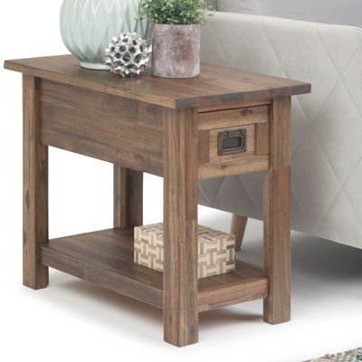 Wyandotte Monroe 14"W Solid Acacia Wood Contemporary Narrow End Table with Drawer and Shelf