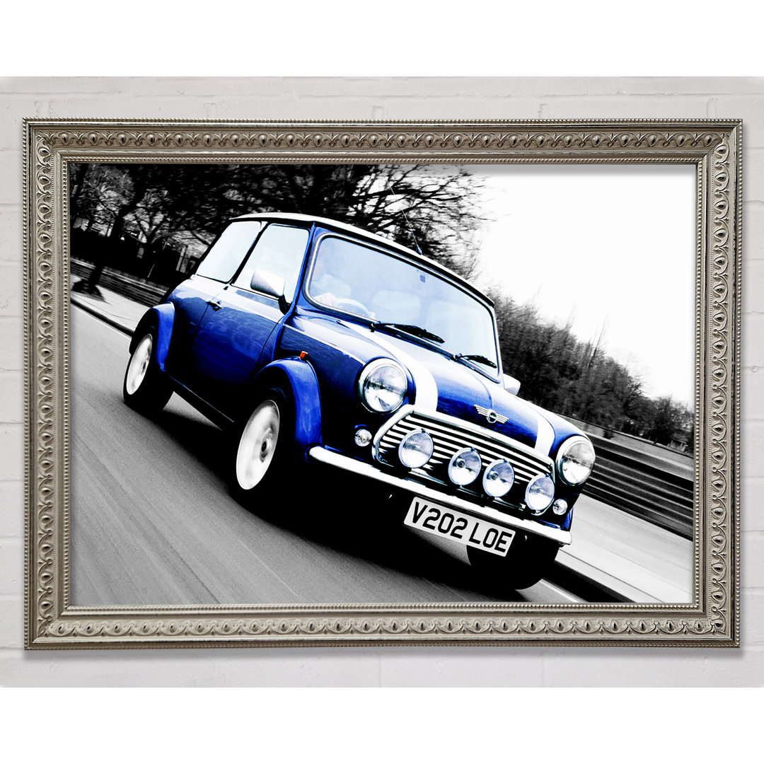 Mini Cooper Retro Blau Gerahmter Druck