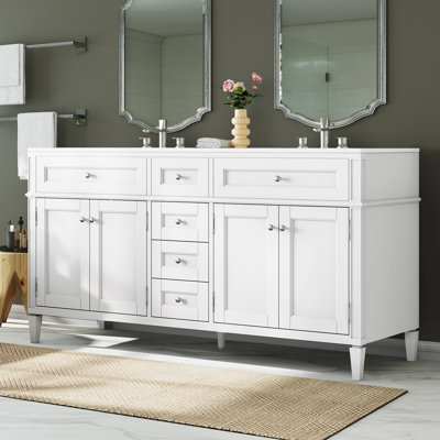 Meuble-lavabo double 60 po en bois massif avec plateau en acrylique, blanc