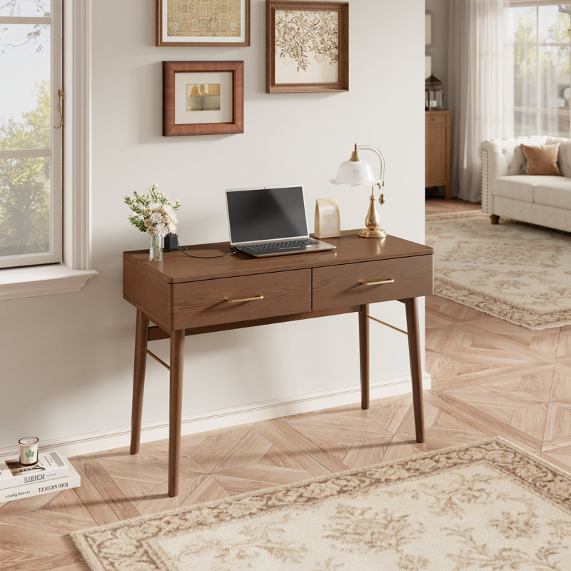 Solid Wood Desk with 2 Drawers and Power Outlet