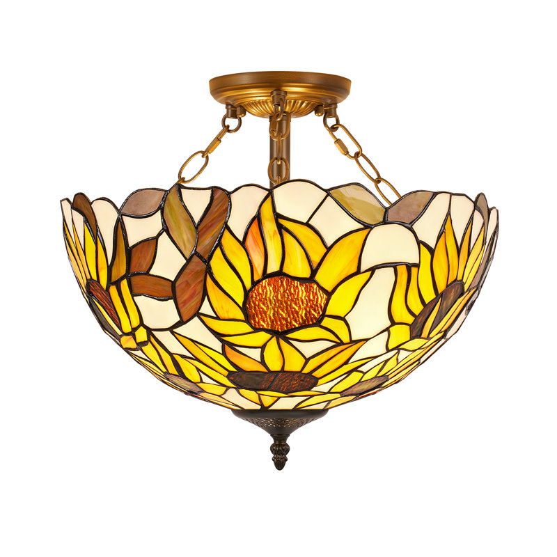 Plafonnier semi-encastré de style Tiffany moderne et classique de 40 cm (16 pouces), abat-jour en vitrail avec 2 douilles E26, ampoules DEL incluses, idéal pour chambre, salon ou cuisine.