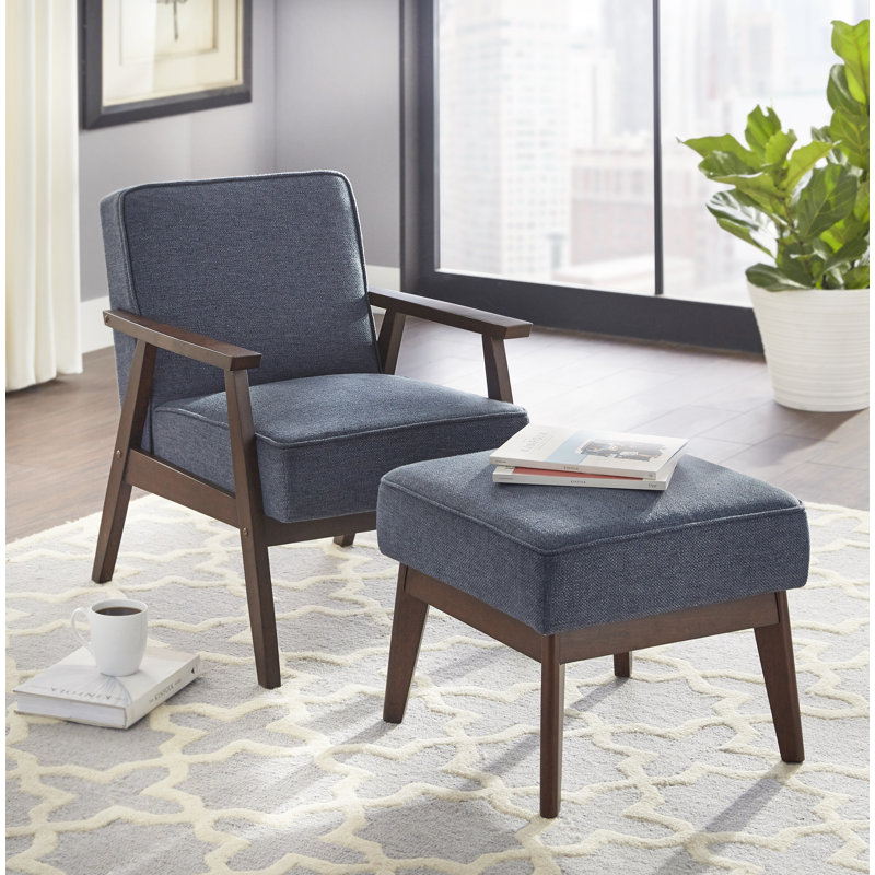 Fauteuil rembourré avec repose-pieds Berthiaume, Polyester bleu