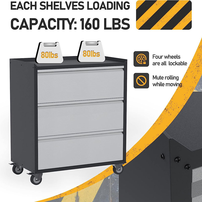 Aobabo Steel Black and Gray Rolling 3-Drawer Tool Cabinet