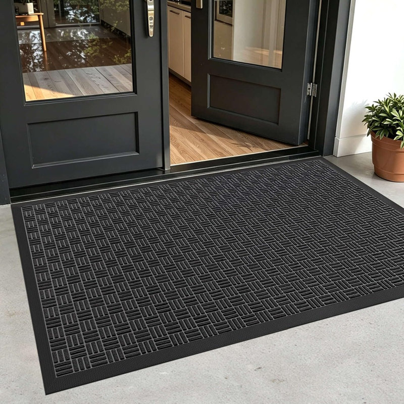 Paillasson d'entrée en caoutchouc noir robuste, tapis de bienvenue antidérapant avec texture à rainures profondes pour une utilisation intérieure et extérieure