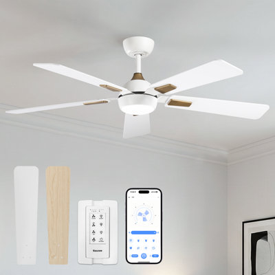 Vaczon 52" Smart Dimmable LED Ceiling Fan with 3CCT Lights, Remote/APP Control, Double-Sided Wood Blades, 6-Speed Reversible DC Motor, Adjustable Height