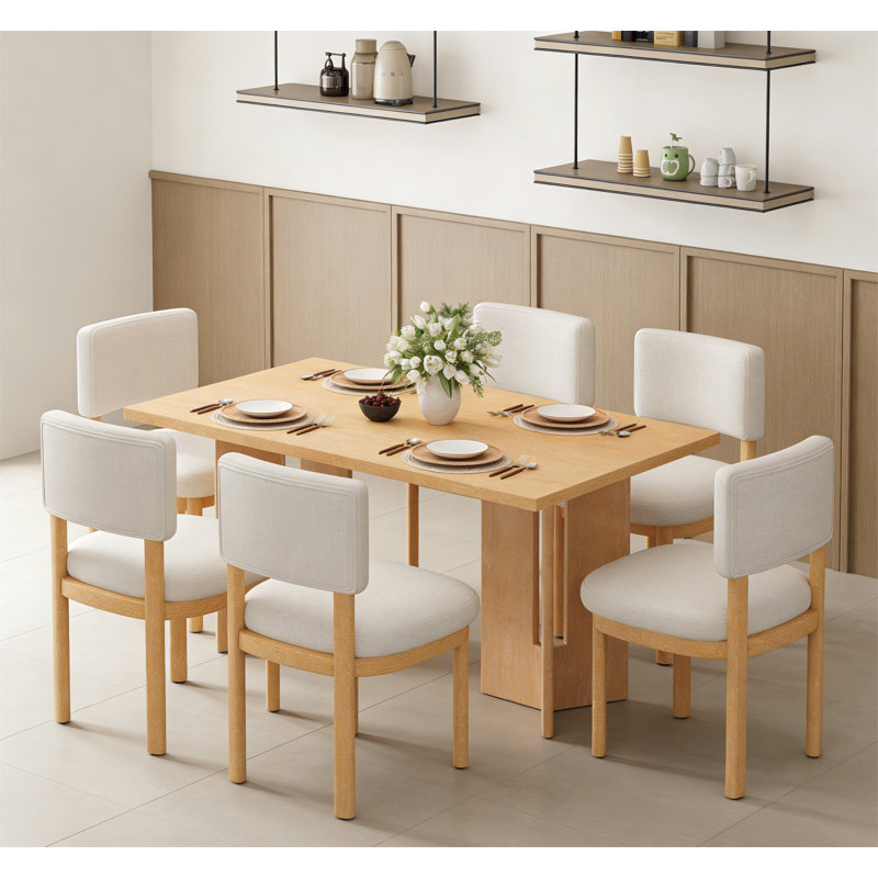 Table de salle à manger en bois pour 6 personnes avec 6 chaises rembourrées Farmhouse, Naturel