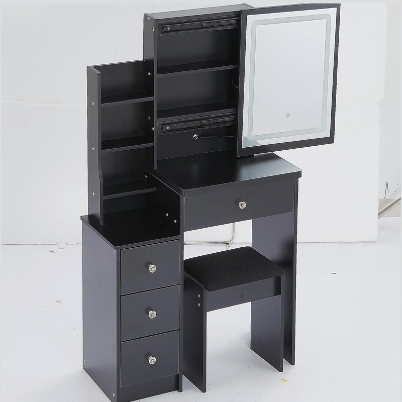 Petite coiffeuse 29,2 po avec tabouret de chevet gauche + tabouret rembourré, 2 blocs d'alimentation CA + 2 ports USB, support pour séchoir à cheveux, très grand miroir à DEL coulissant à commande tactile, changement de luminosité tricolore, réglage de la luminosité