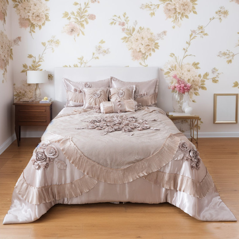 Ferndale 6-Piece Champagne Beige Floral Satin Comforter Set - Victorian Vintage Style, California King