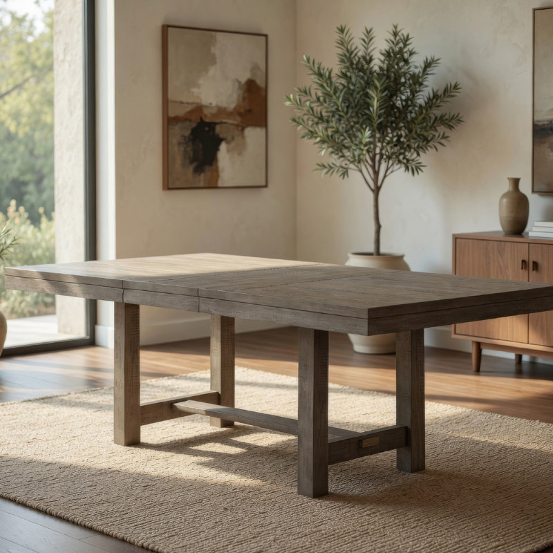 Table de salle à manger extensible Genu de 66 à 84 pouces, base en tréteaux, bois massif gris