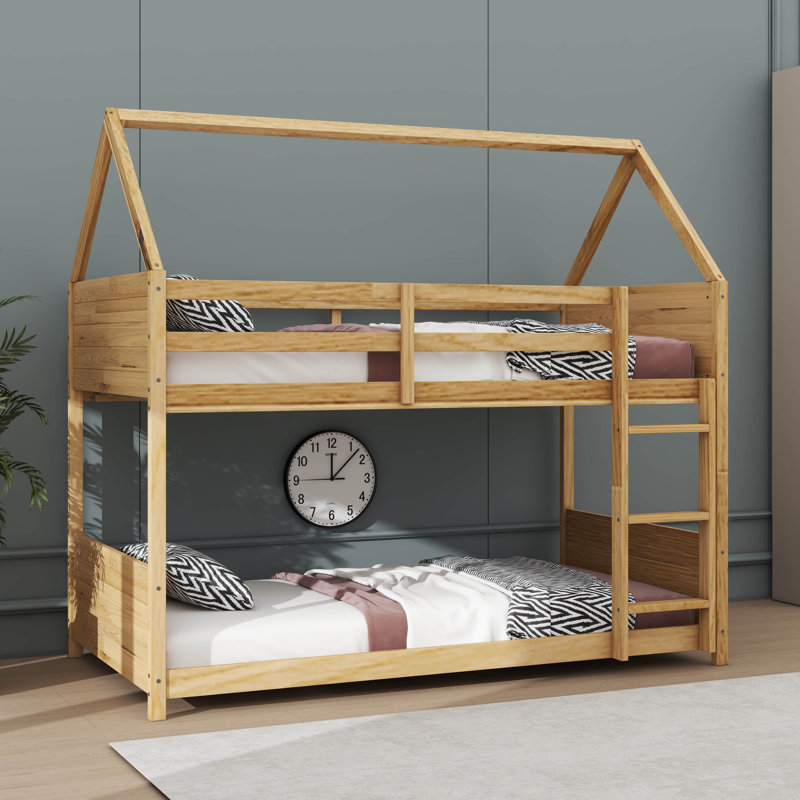 Twin Over Twin Cabin-Style Floor Bunk Bed Equipped With Head And Foot, White Oak
