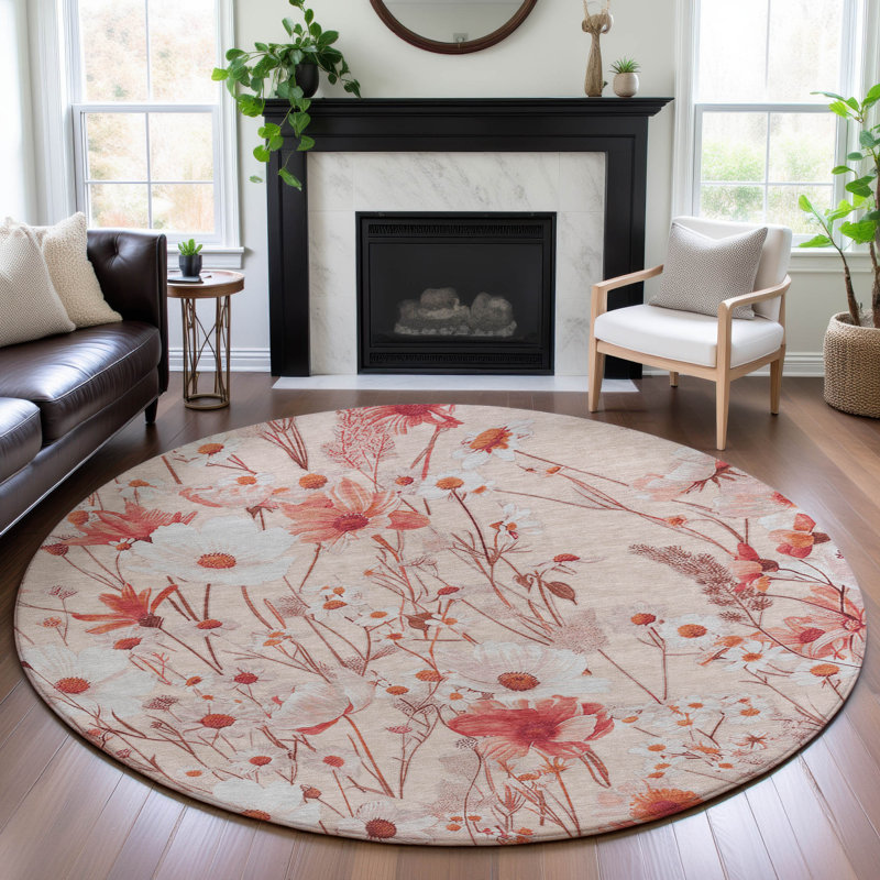 Premium Machine Washable Sykora AMF1500 Floral Rug, Round 8'