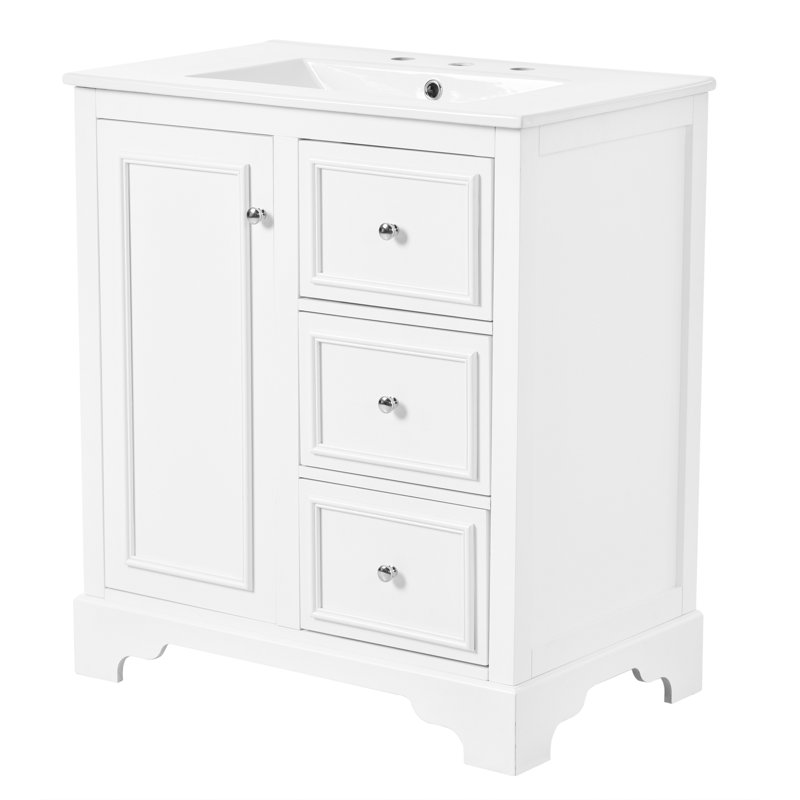 Armoire de meuble-lavabo 30 po avec lavabo en céramique, 3 tiroirs et tablettes réglables, Blanc