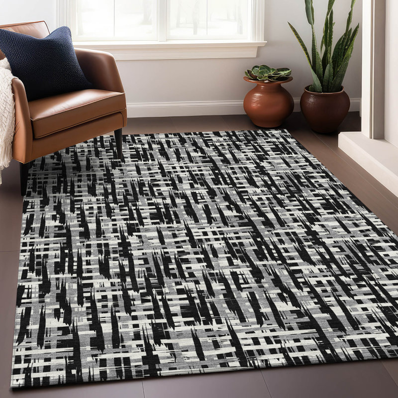 Black and Gray Synthetic Washable Rectangular Area Rug