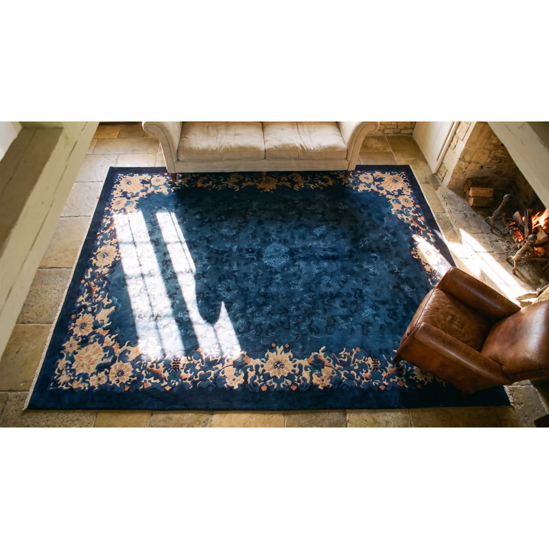Hand Knotted Pile Rectangle Wool Blue 1920s Antique Rug