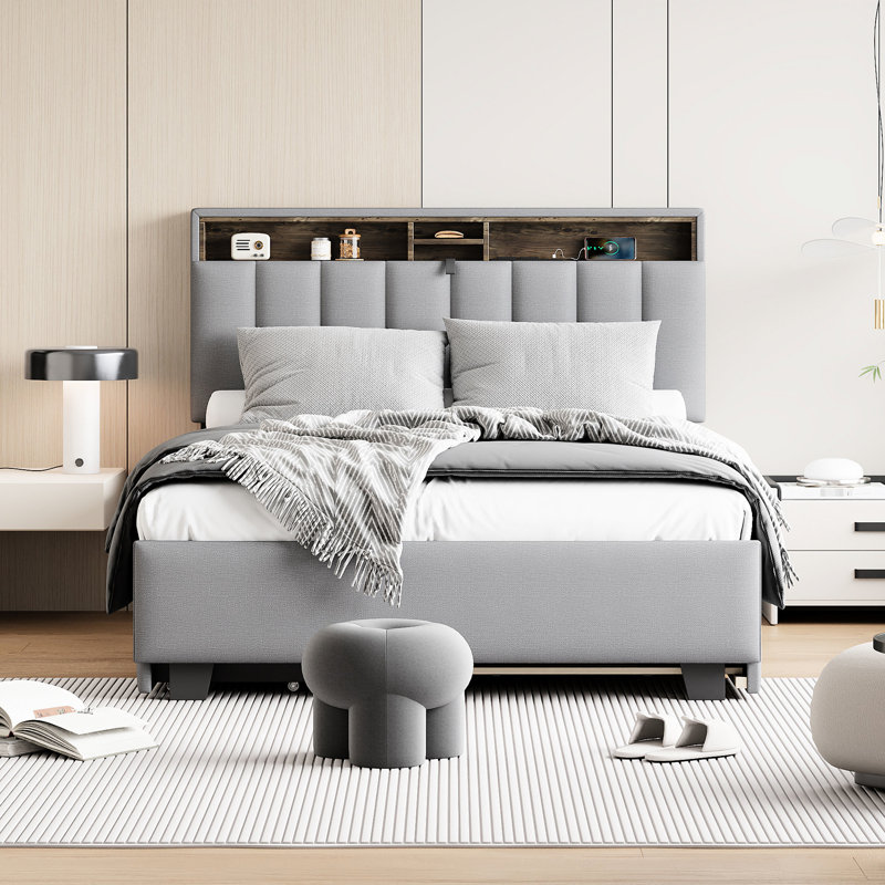 Lit tapissier avec rangement, tissu en lin gris, lit simple gigogne et tête de lit défectueux avec rangement, Lit double