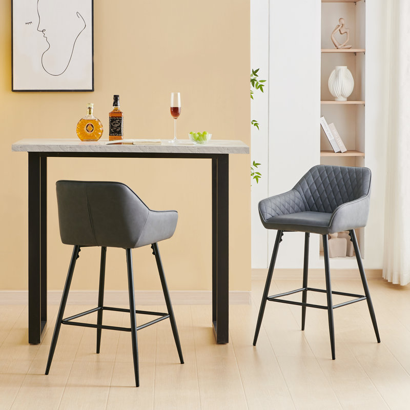 Saarrah 68cm Upholstered Bar Stool with Arms, Grey Faux Leather, 2