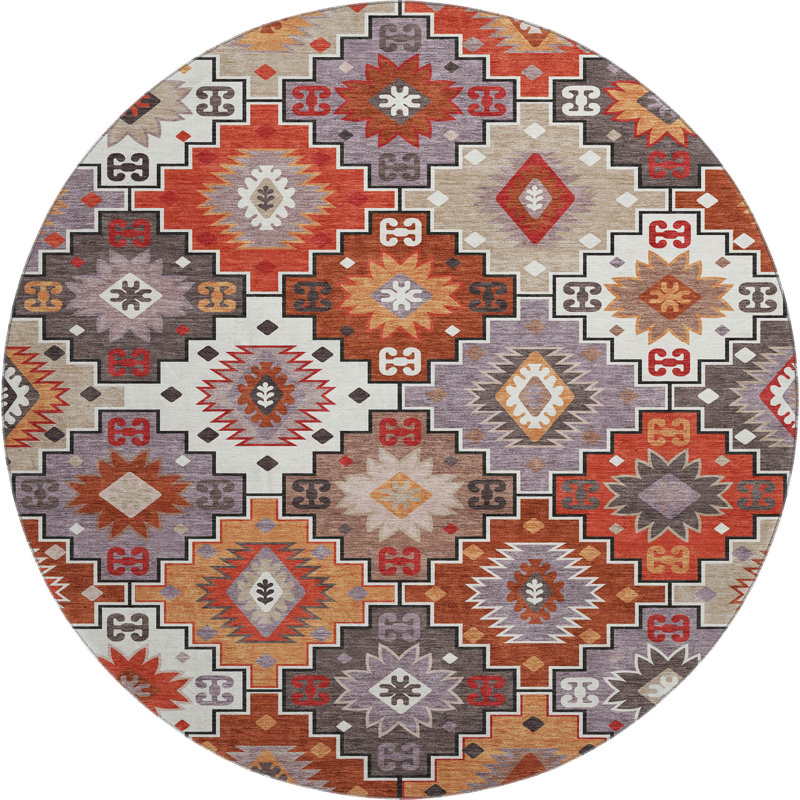 Premium Machine Washable Mayfield  Ethnic Rug, Paprika, 8' Round