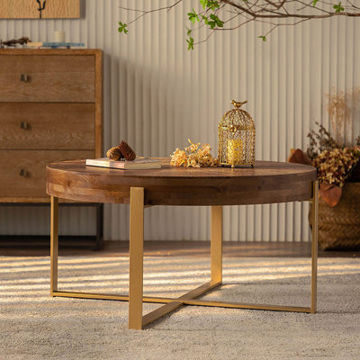 Table basse 33,86 po d'épaisseur rétro moderne avec plateau en bois de sapin et pieds croisés dorés (même SKU: W757126236)