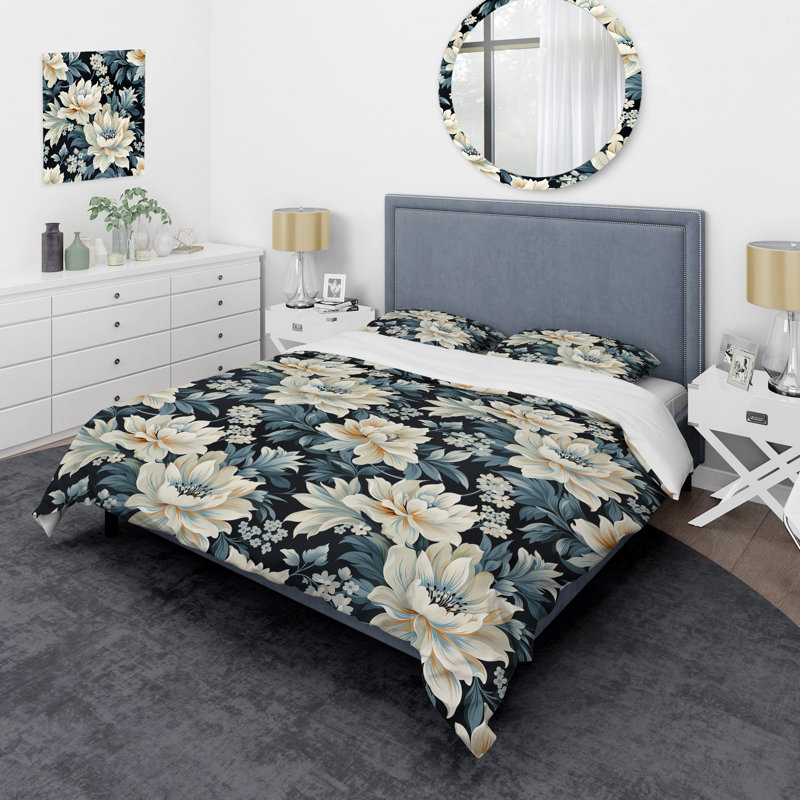 Ensemble de housse de couette Blue And White Peonies Damask Flowers II - Floral
