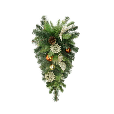 26" Pre-Decorated Ball Ornaments and Bows Artificial Christmas Teardrop Swag Unlit