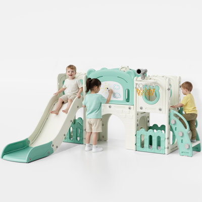 10-In-1 Toddler Slide Set, Kid Climber Slide Playset With Basketball Hoop And Ball, Drawing Board, Non-Slip Steps, Indoor Outdoor Playground For Age 3