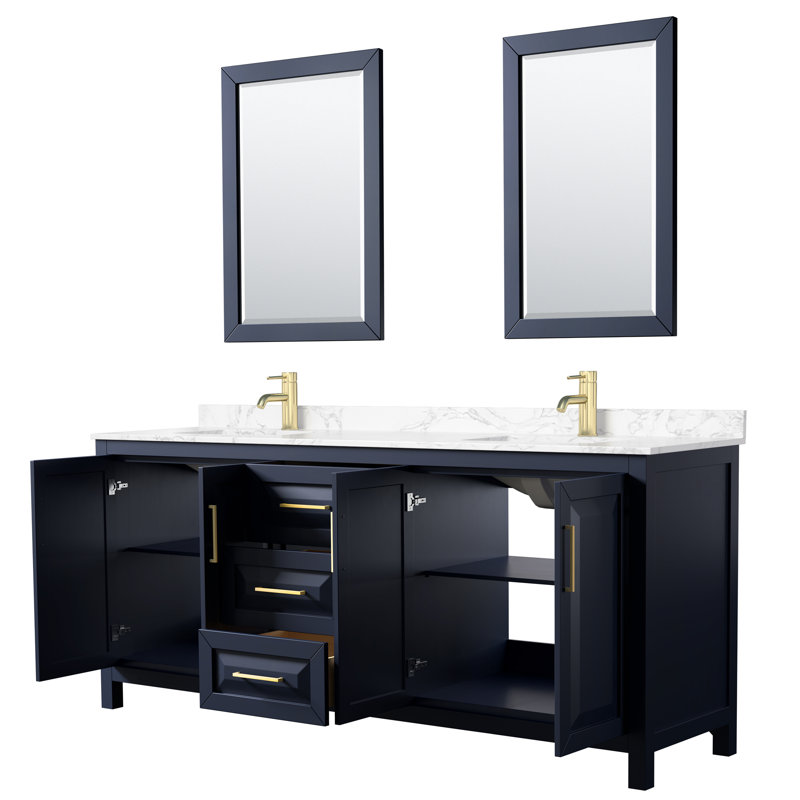 Daria 80'' W Double Vanity, White Cultured Marble, Dark Blue, Brushed Gold