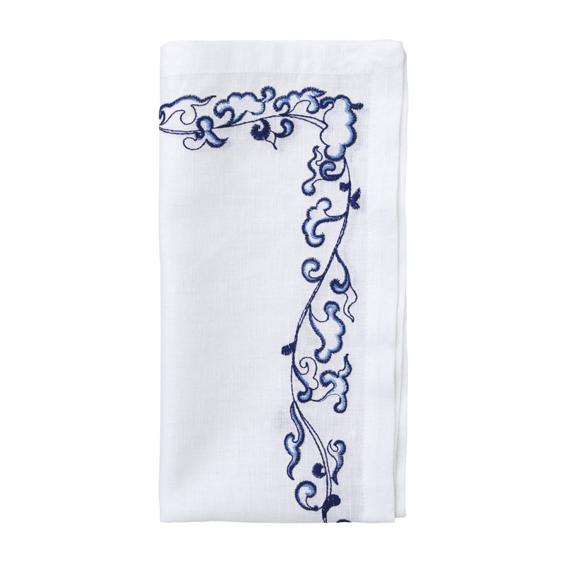 Ming Border Linen Napkin, White/Navy