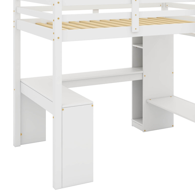 Lit mezzanine simple avec bureau, garde-robe et tablettes, Blanc