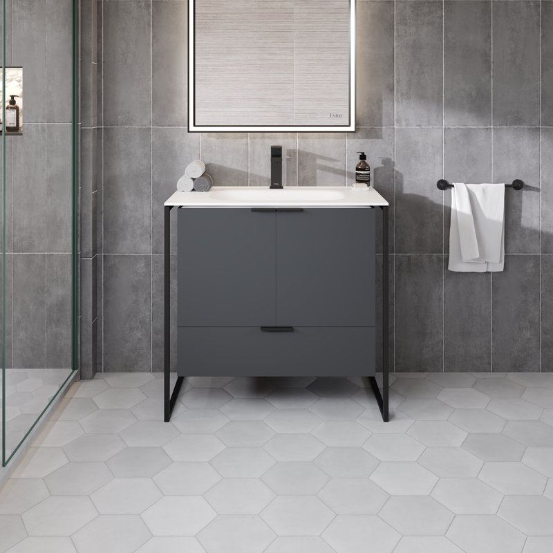 Meuble-lavabo 32 po Gritton avec pieds métalliques noirs, Gris