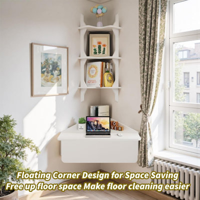 Ensemble de bureau de coin et tablettes pliables murales blanc