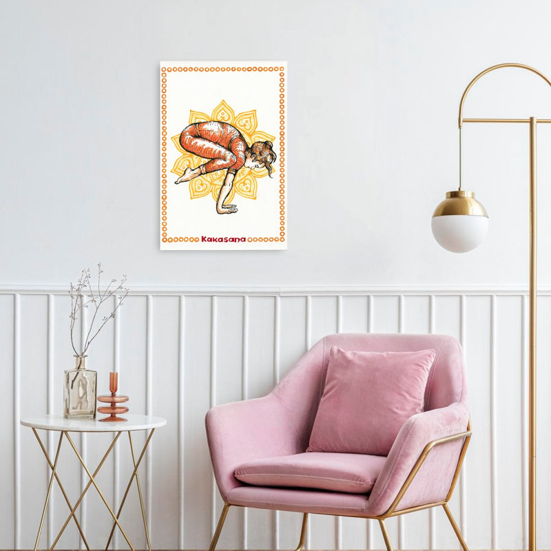 Affiche murale contemporaine représentant la posture de yoga Kakasana et une fleur de lotus, 24" H x 16" W