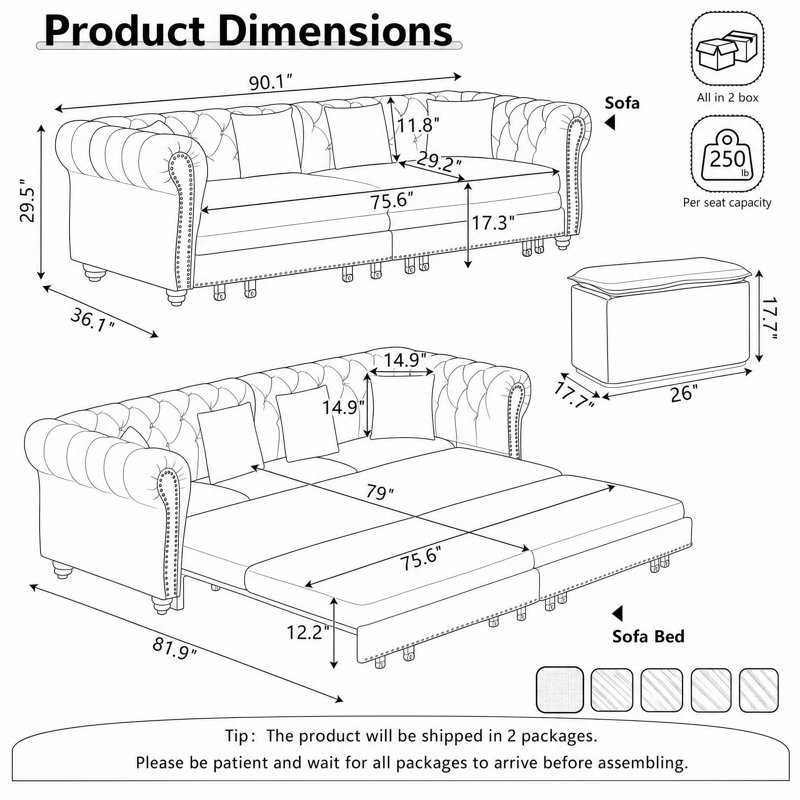 Canapé-lit en velours capitonné avec pouf amovible, Velours noir
