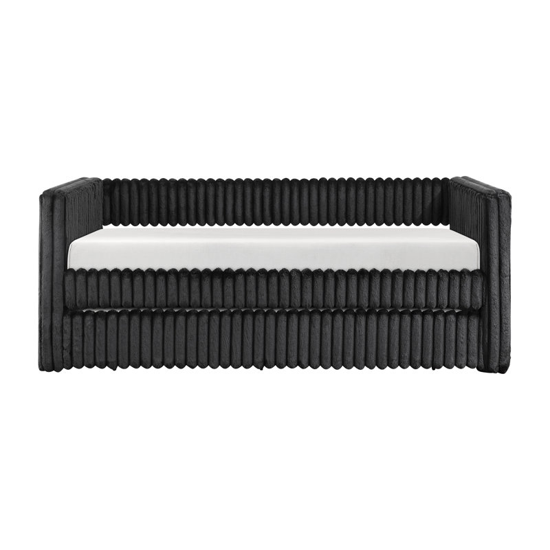 Daybed With Trundle Corduroy Fabric Upholstery Modern Luxury Home Furniture Durable Comfortable, Black