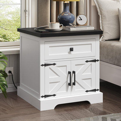  24'' Wide Farmhouse End Table with Charging Station, USB-C Port, and Storage Cabinet